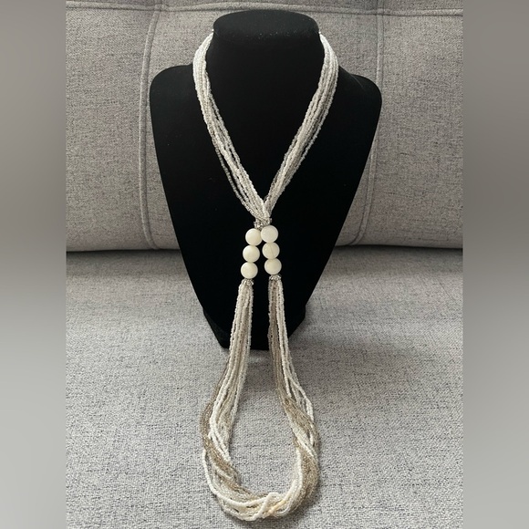 VINTAGE Flapper long Glass beaded necklace or choker White glass silver Glamour - Picture 6 of 11